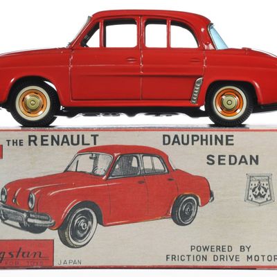 Sale Photo Thumbnail #76: Bright Red Renault Dauphine Sedan Tin Toy Car by Bandai, Japan