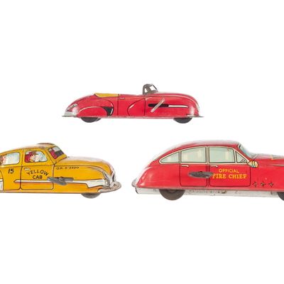 Sale Photo Thumbnail #157: (3) Marx Tin Litho Cars Yellow Cab, Fire Chief, & Convertible