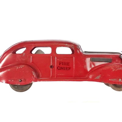 Sale Photo Thumbnail #295: Marx Pressed Steel Fire Chief Pull Toy Car with Bell