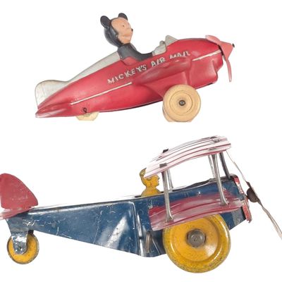 Sale Photo Thumbnail #390: (2) Tin Windup Biplane & Sun Rubber Mickey Airmail Plane