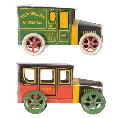 Sale Photo Thumbnail #129: (2) Mohawk Tin Litho Sedan & Grocery Cars