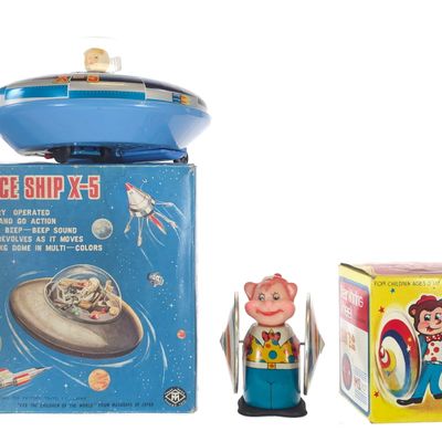 Sale Photo Thumbnail #270: (2) Masudaya Spaceship X-5 and Tin Bear Toy Boxed