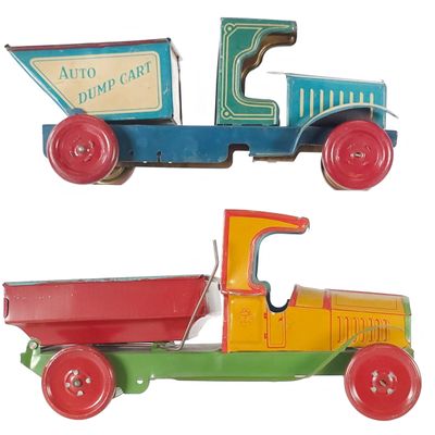Sale Photo Thumbnail #360: (2) J. Chein Auto Dump Cart & Dump Truck Tin Litho