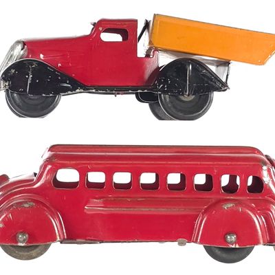 Sale Photo Thumbnail #282: (2) Marx Pressed Steel Dump Truck & Red Bus