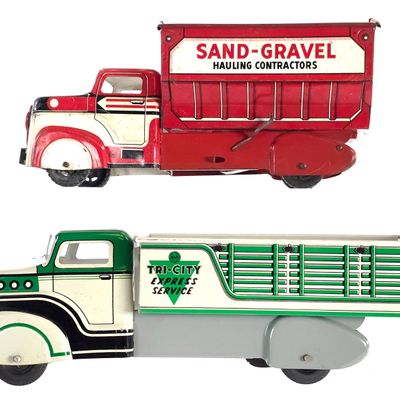 Sale Photo Thumbnail #184: (2) Marx Tin Litho Tri-City Express & Sand & Gravel Dump Truck