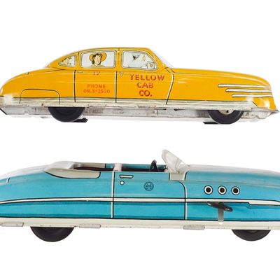 Sale Photo Thumbnail #145: (2) Marx Tin Litho Yellow Cab Friction & Blue Convertible Windup
