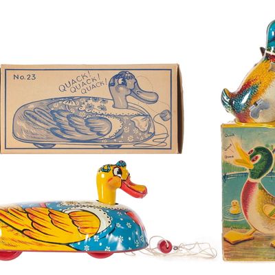 Sale Photo Thumbnail #409: (2) T. Cohn Tin Duck Pull Toy & Mechanical Quacking Duck Boxed