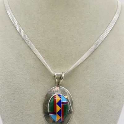 Sale Photo Thumbnail #81: Southwestern Inlaid Gemstone Pendant - Sterling