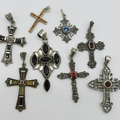 Sale Photo Thumbnail #32: 8 Sterling Cross Pendants with Gemstones