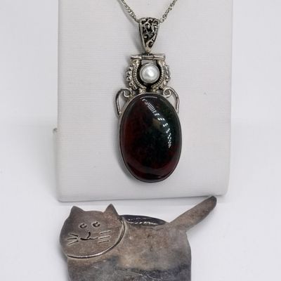 Sale Photo Thumbnail #76: Sterling Bloodstone Pendant & Cat Brooch Lot