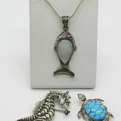 Sale Photo Thumbnail #384: Sterling Sea Life Pendant & Pin Trio