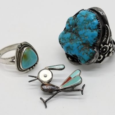 Sale Photo Thumbnail #59: Sterling Turquoise Ring Lot &Zuni Pin