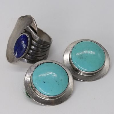Sale Photo Thumbnail #89: Sterling Lapis Ring & Turquoise Earrings