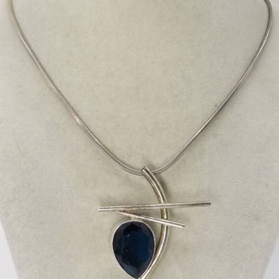 Sale Photo Thumbnail #66: Sterling Silver Blue Stone Pendant Necklace, 28"