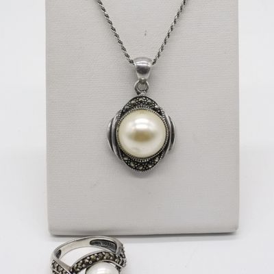 Sale Photo Thumbnail #142: Matching Pearl & Marcasite Necklace & Ring Set