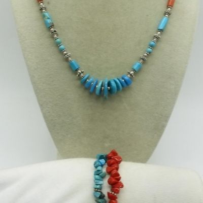 Sale Photo Thumbnail #390: Sterling Turquoise Coral Necklace & Bracelet