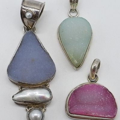 Sale Photo Thumbnail #146: Sterling Silver Druzy Gemstone Pendants, 3 Pcs