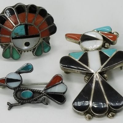 Sale Photo Thumbnail #310: Zuni Style Sterling, Inlay Pins & Ring