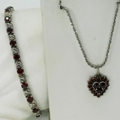 Sale Photo Thumbnail #324: Sterling Silver Garnet Necklace & Bracelet