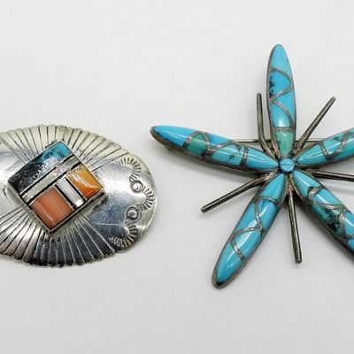 Sale Photo Thumbnail #318: 2 Sterling Turquoise Inlay Brooches