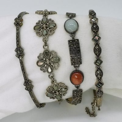 Sale Photo Thumbnail #107: 4 Sterling Marcasite & Gemstone Bracelets