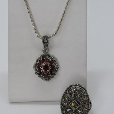 Sale Photo Thumbnail #266: Sterling Garnet, Marcasite Ring & Necklace