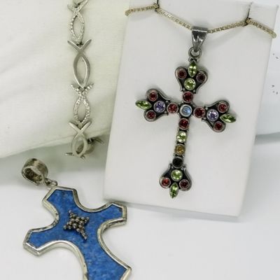 Sale Photo Thumbnail #35: Sterling Gemstone Cross Pendants & Bracelet