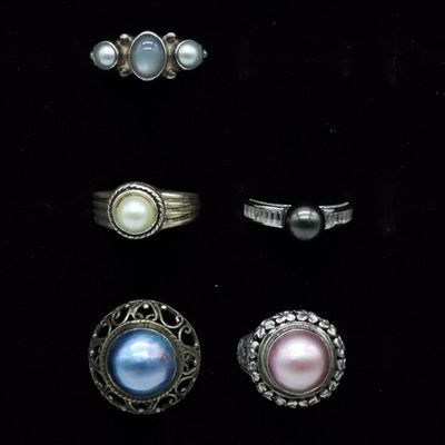 Sale Photo Thumbnail #380: Sterling Silver Pearl Ring Lot, 5 Pieces