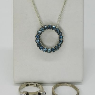 Sale Photo Thumbnail #395: Sterling Silver Blue Topaz Necklace & 2 Rings