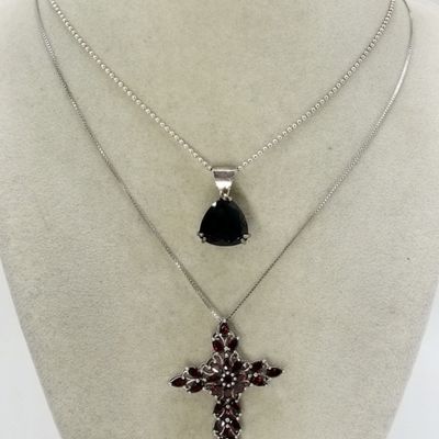 Sale Photo Thumbnail #65: Sterling Garnet Cross & Black Stone Necklace