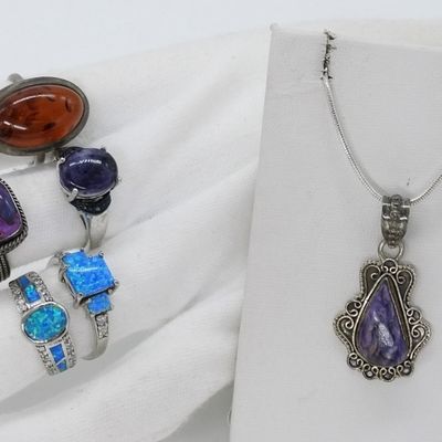 Sale Photo Thumbnail #14: Charoite, Opal, Purple Copper Turquoise 925 Rings
