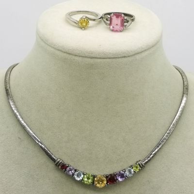 Sale Photo Thumbnail #323: Sterling Multi-Gem Necklace & 2 Rings