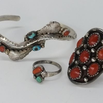 Sale Photo Thumbnail #10: Vintage Sterling Turquoise & Coral Jewelry