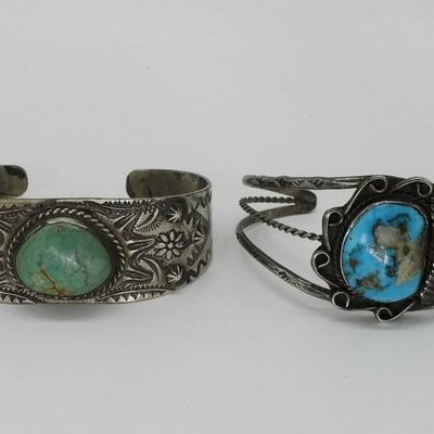 Sale Photo Thumbnail #392: Sterling Silver Turquoise Cuff Bracelets, Pair