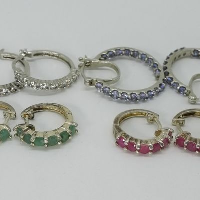 Sale Photo Thumbnail #391: Sterling Silver Gemstone Hoop Earrings, 4 Pair