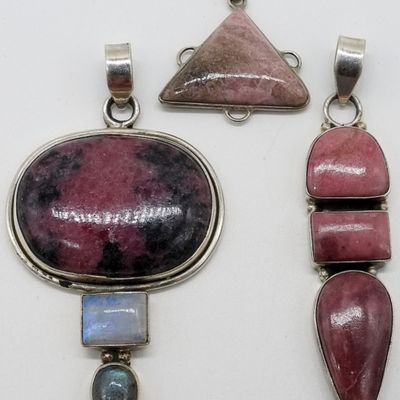 Sale Photo Thumbnail #143: Sterling Rhodonite Pendant Lot, 3 Pcs