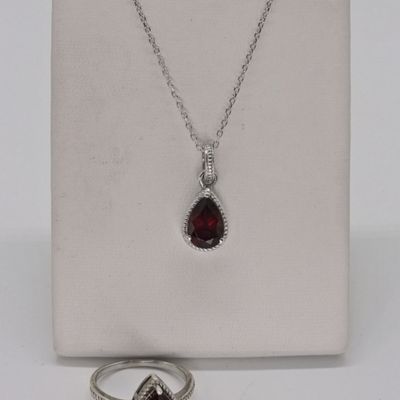 Sale Photo Thumbnail #202: Sterling Garnet Ring & Necklace Set