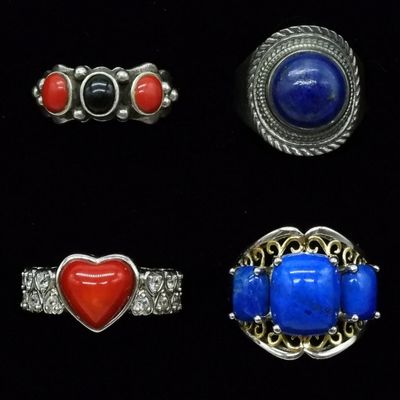 Sale Photo Thumbnail #34: Four Sterling Rings, Red & Blue Gemstones