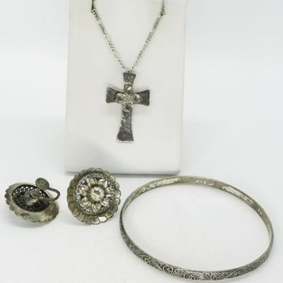 Sale Photo Thumbnail #370: Floral Cross Sterling Necklace, Bangle & Earrings