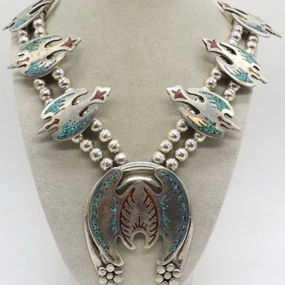 Sale Photo Thumbnail #149: Sterling Turquoise Squash Blossom Necklace