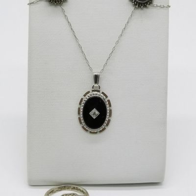 Sale Photo Thumbnail #171: Sterling Onyx Necklace, Ring & Earrings Set
