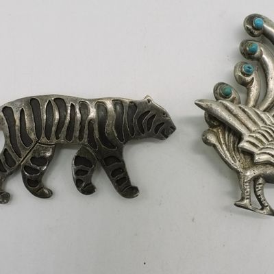Sale Photo Thumbnail #363: Taxco Tiger 925 Brooch & Peacock Brooch