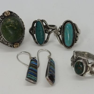 Sale Photo Thumbnail #252: 4 Rings and 1 Pair Earrings - Sterling & Turquoise