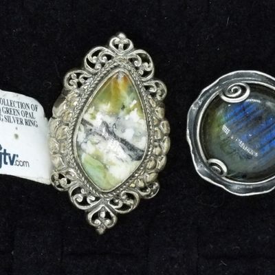 Sale Photo Thumbnail #278: 2 Large 925 Labradorite & Green Opal Rings