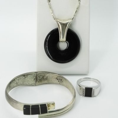 Sale Photo Thumbnail #338: Taxco Black Onyx Sterling Bracelet & More