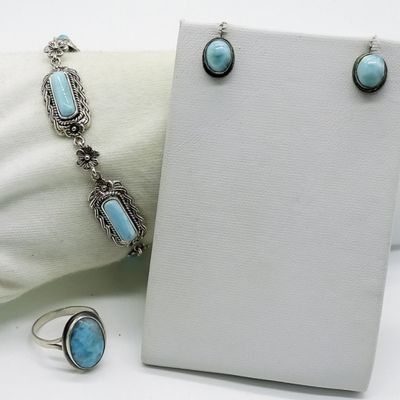 Sale Photo Thumbnail #155: Larimar Sterling Bracelet, Ring & Earrings