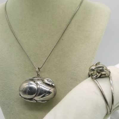 Sale Photo Thumbnail #281: Sterling Rabbit Cuff Bracelet & Necklace