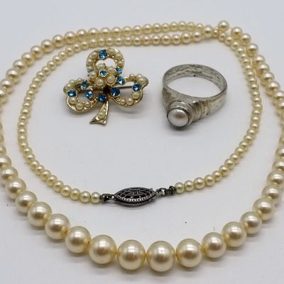 Sale Photo Thumbnail #209: Coro Sterling Pearl Necklace, Ring & Pin