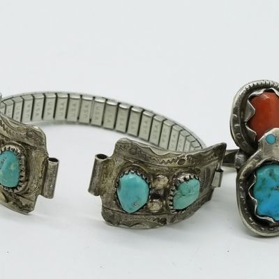 Sale Photo Thumbnail #321: Effie C. Zuni Sterling Turquoise Ring & Watch Ends