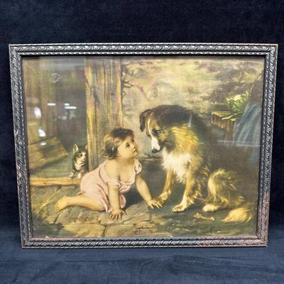 Framed Print Cant You Talk After G.A. Holmes Child and Dog Scene